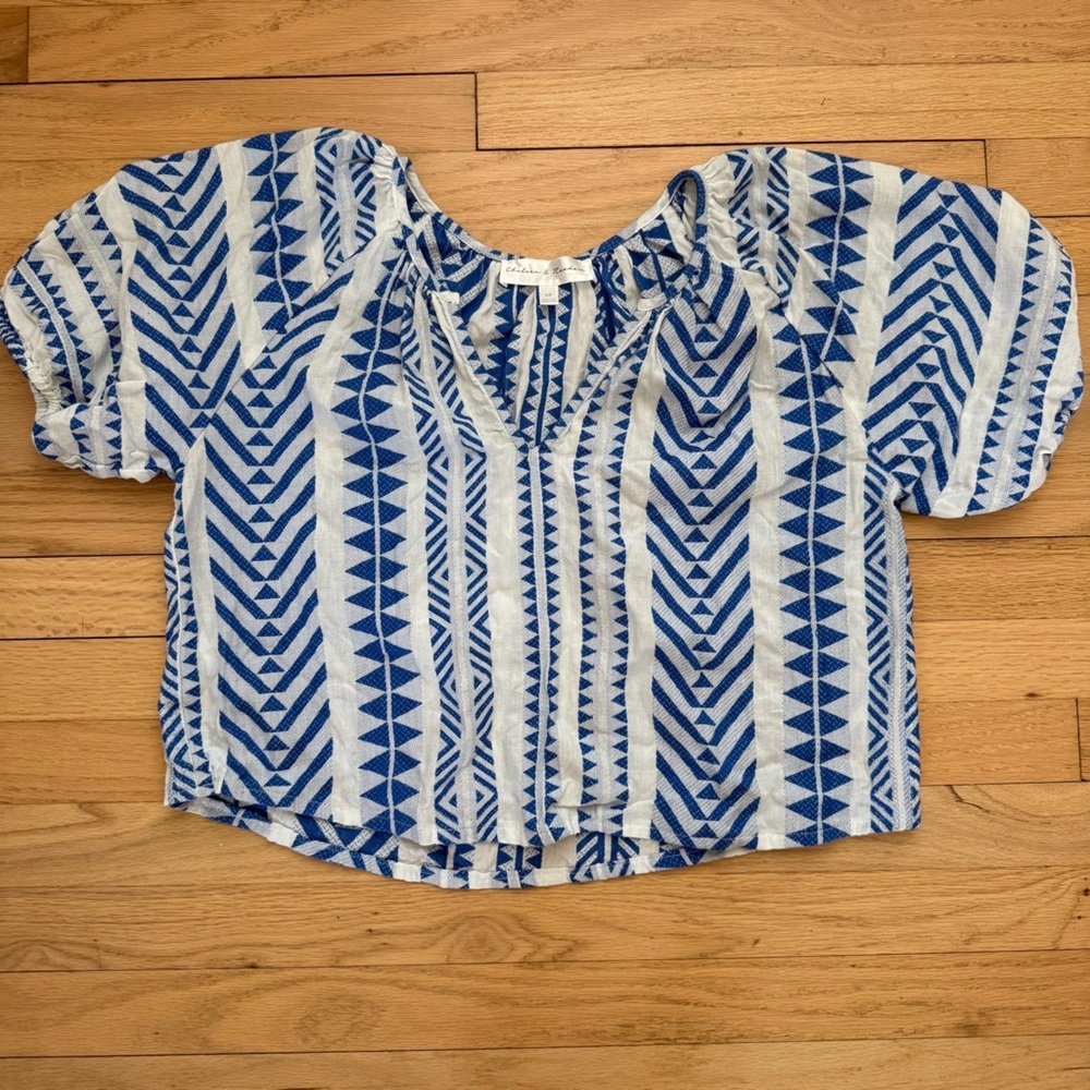 Chelsea & Theodore Small Geometric Pattern Blue & White Cotton Boho Blouse